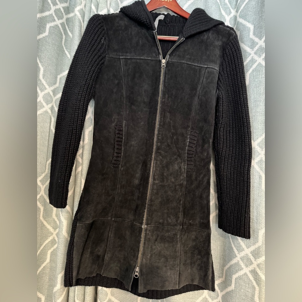 Vintage Black Leather Jacket with Knit Details